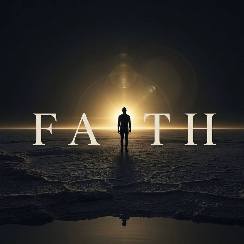 The official FAITH coin artwork: a figure facing a golden horizon, standing in the word FAITH.